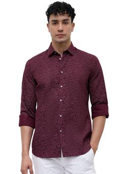 Parx - Slim Fit Dark Maroon Printed Cotton Shirt