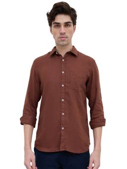 Parx - Slim Fit Dark Brown Solid Linen Shirt