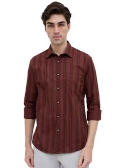Parx - Slim Fit Dark Red Striped Cotton Shirt