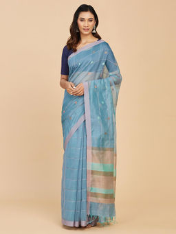 Fabindia - Blue Cotton Silk Woven Chanderi Saree Without Blouse