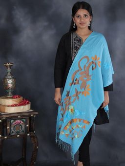 EXOTIC INDIA - Women Blue Pure Wool Contemporary Design Silk Stole