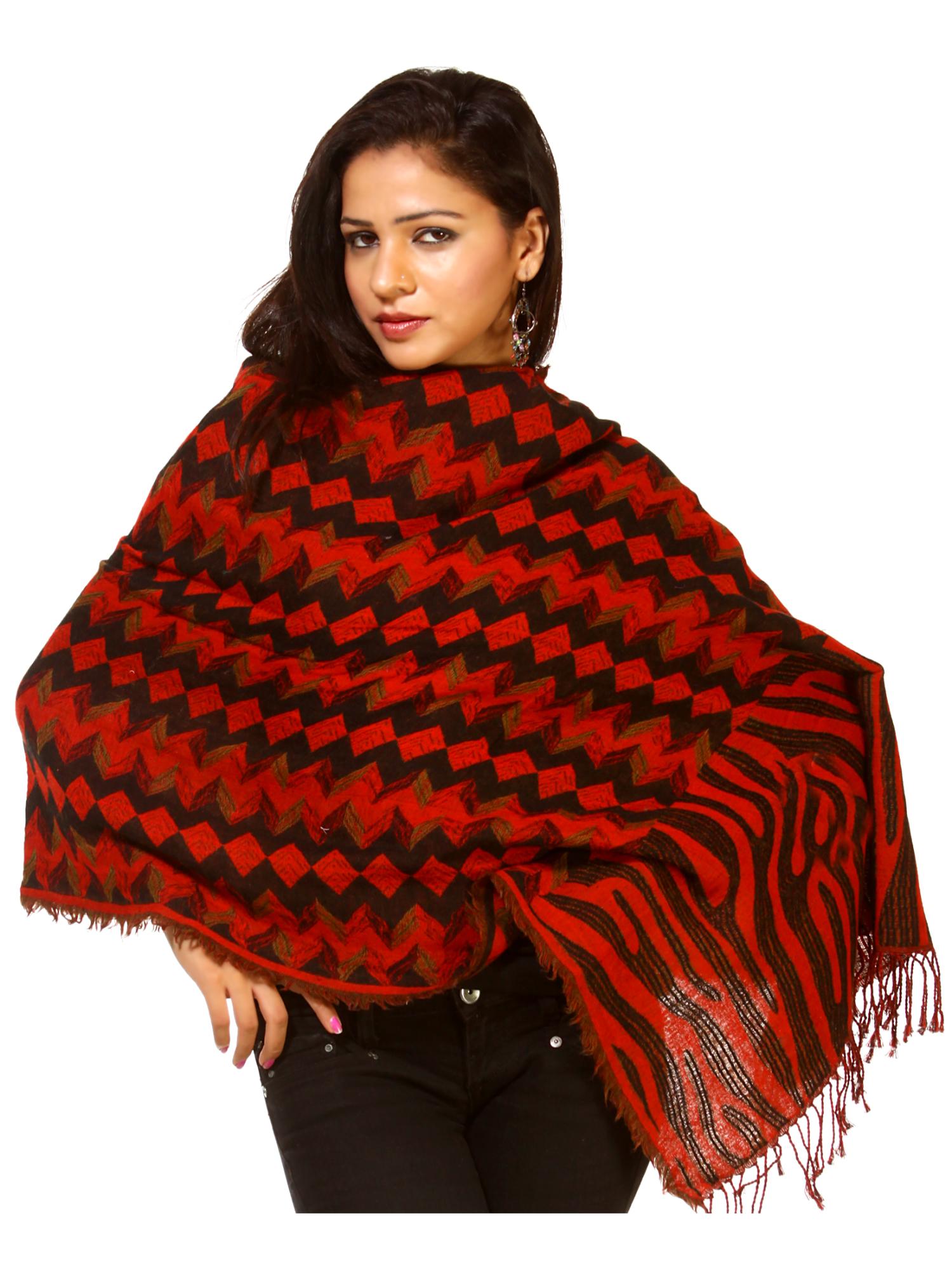 exotic india Red Jamawar Reversible Pure Wool Cotton Textured Stole-picture-37