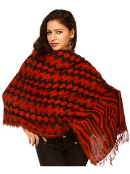 EXOTIC INDIA - Red Jamawar Reversible Pure Wool Cotton Textured Stole