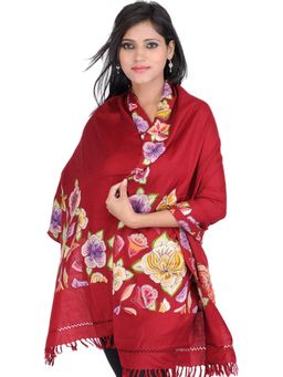 EXOTIC INDIA - Red Kashmiri Pure Wool Embroidered Stole