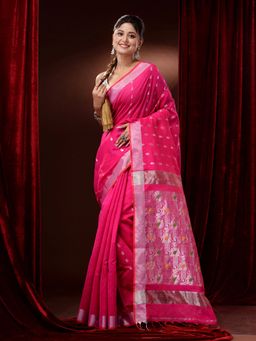 CHARUKRITI - Fuchsia Cotton Blend Paisley Motifs and Zari Woven Pallu Saree with Unstitched Blouse