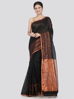 PinkLoom - Women's Jute Cotton Saree with Unstitched Blouse Piece, Black