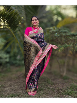 APAAPI THREADS OF GLORY - Black Banarasi Lace Saree with Unstitched Blouse