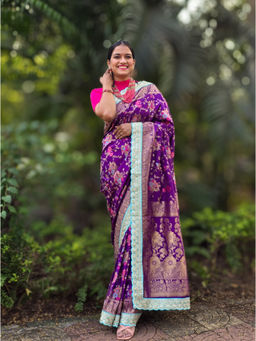 APAAPI THREADS OF GLORY - Purple Banarasi Lace Saree with Unstitched Blouse