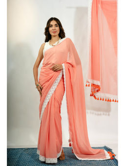 Ethnic Elements - Blush Sunset Peach Mul Cotton Saree With Crochet Border & Unstitched Blouse