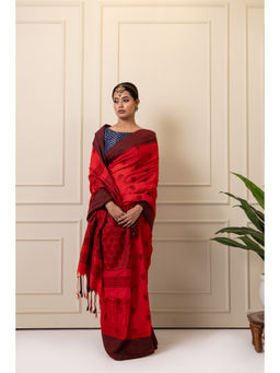 Ethnic Elements - Berry Red Jacquard Jamdani Weaving Cotton Saree without Blouse