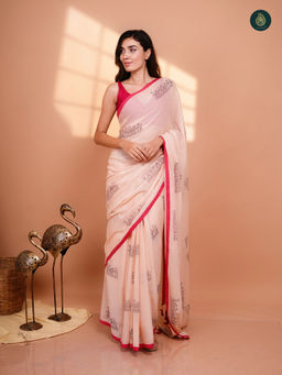 Ethnic Elements - Peach Chidiya Handblock Printed Mul Cotton Saree without Blouse