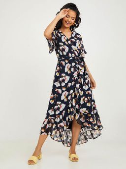 Styli - Multi-color Short Sleeves Floral Print Maxi Dress With Ruffle Detail