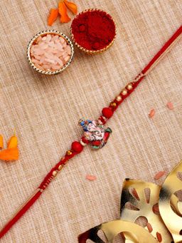 ADIVA - Handmade Lord Ganesha Thread Rakhi With Roli Chawal Chandan& Card