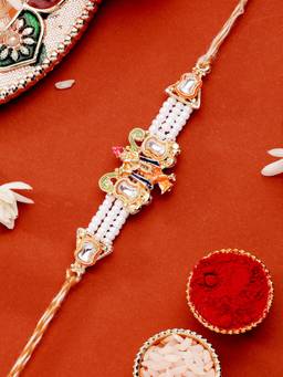 ADIVA - Lord Krishna Kundan & Beads Thread Rakhi With Roli Chawal Chandan& Card