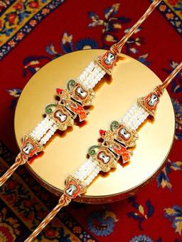 ADIVA - Pack Of 2 Lord Krishna Kundan & Beads Thread Rakhi With Roli Chawal Chandan & Card