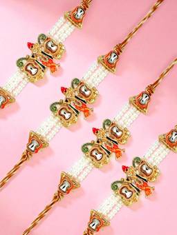 ADIVA - Pack Of 4 Lord Krishna Kundan & Beads Thread Rakhi With Roli Chawal Chandan & Card