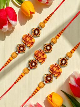 ADIVA - Pack Of 3 Handmade Lord Ganesha Stone Thread Rakhis With Roli Chawal Chandan & Card