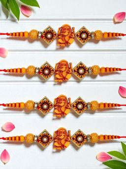 ADIVA - Pack Of 4 Handmade Lord Ganesha Stone Thread Rakhis With Roli Chawal Chandan & Card