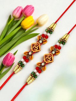 ADIVA - Pack Of 2 Handmade Stone & Beads Om Thread Rakhis With Roli Chawal Chandan & Card