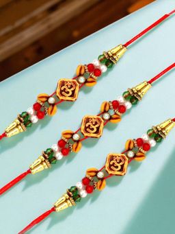 ADIVA - Pack Of 3 Handmade Stone & Beads Om Thread Rakhis With Roli Chawal Chandan & Card