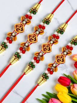 ADIVA - Pack Of 4 Handmade Stone & Beads Om Thread Rakhis With Roli Chawal Chandan & Card