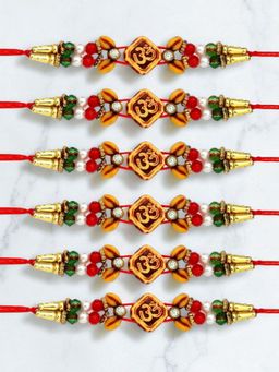ADIVA - Pack Of 6 Handmade Stone & Beads Om Thread Rakhis With Roli Chawal Chandan & Card
