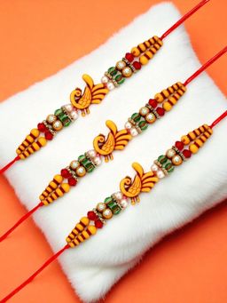 ADIVA - Pack Of 3 Handmade Stone & Beads Peacock Thread Rakhis With Roli Chawal Chandan & Card