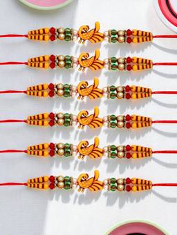 ADIVA - Pack Of 6 Handmade Stone & Beads Peacock Thread Rakhis With Roli Chawal Chandan & Card