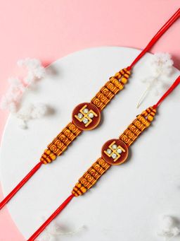 ADIVA - Pack Of 2 Handmade Swastika Beads Thread Rakhis With Roli Chawal Chandan & Card