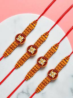 ADIVA - Pack Of 4 Handmade Swastika Beads Thread Rakhis With Roli Chawal Chandan & Card