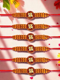 ADIVA - Pack Of 6 Handmade Swastika Beads Thread Rakhis With Roli Chawal Chandan & Card