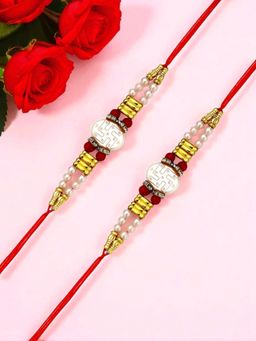 ADIVA - Pack Of 2 Handmade Swastika Beads Thread Rakhis With Roli Chawal Chandan & Card