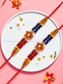 ADIVA - Pack Of 2 Handmade Floral Beads Thread Rakhis With Roli Chawal Chandan & Meshrei Card