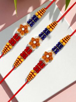 ADIVA - Pack Of 3 Handmade Floral Beads Thread Rakhis With Roli Chawal Chandan & Meshrei Card