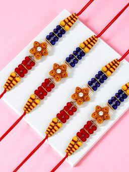 ADIVA - Pack Of 4 Handmade Floral Beads Thread Rakhis With Roli Chawal Chandan & Meshrei Card