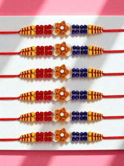 ADIVA - Pack Of 6 Handmade Floral Beads Thread Rakhis With Roli Chawal Chandan & Meshrei Card