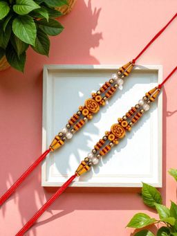 ADIVA - Pack Of 2 Handmade Stone & Beads Om Thread Rakhis With Roli Chawal Chandan & Card