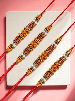 ADIVA - Pack Of 4 Handmade Stone & Beads Om Thread Rakhis With Roli Chawal Chandan & Card