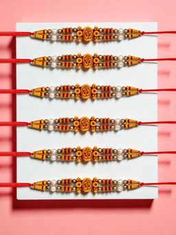 ADIVA - Pack Of 6 Handmade Stone & Beads Om Thread Rakhis With Roli Chawal Chandan & Card