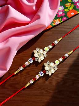 ADIVA - Pack Of 2 Handmade Floral Beads Thread Rakhis With Roli Chawal Chandan & Meshrei Card