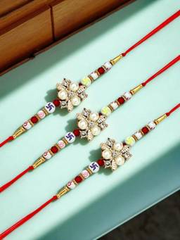 ADIVA - Pack Of 3 Handmade Floral Beads Thread Rakhis With Roli Chawal Chandan & Meshrei Card