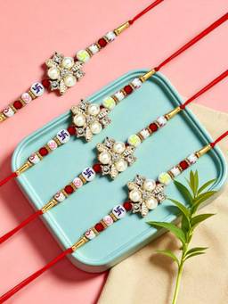 ADIVA - Pack Of 4 Handmade Floral Beads Thread Rakhis With Roli Chawal Chandan & Meshrei Card