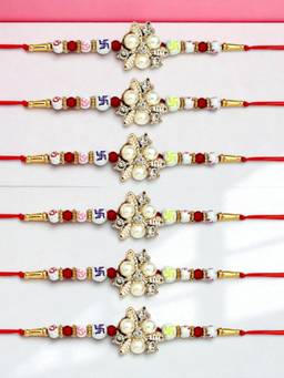 ADIVA - Pack Of 6 Handmade Floral Beads Thread Rakhis With Roli Chawal Chandan & Meshrei Card