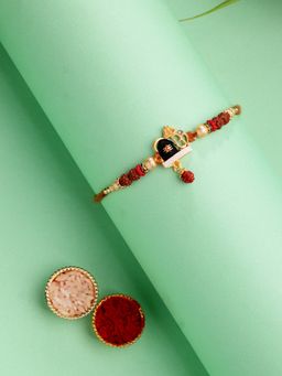 ADIVA - Handmade Shivling Rudraksh Beads Thread Rakhi With Roli Chawal Chandan & Meshrei Card