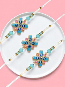 ADIVA - Pack Of 3 Handmade & Beads Evil Eye Thread Rakhis With Roli Chawal Chandan & Card