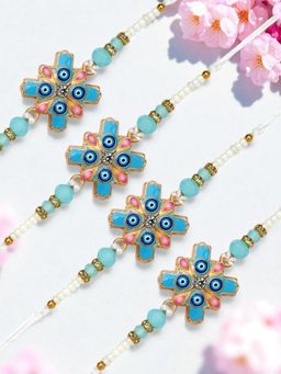 ADIVA - Pack Of 4 Handmade & Beads Evil Eye Thread Rakhis With Roli Chawal Chandan & Card