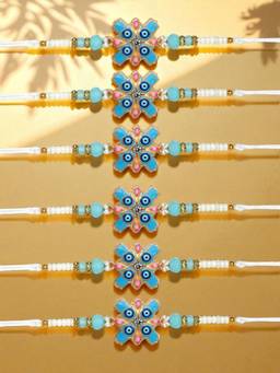 ADIVA - Pack Of 6 Handmade & Beads Evil Eye Thread Rakhis With Roli Chawal Chandan & Card