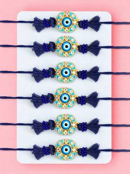 ADIVA - Pack Of 6 Cz Stone & Beads Evil Eye Thread Rakhis With Roli Chawal Chandan & Card