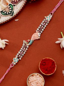ADIVA - Handmade Cz Stone & Beads Peacock Thread Rakhi With Roli Chawal Chandan & Card
