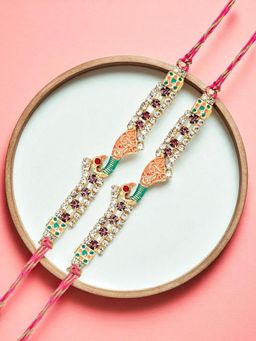 ADIVA - Pack Of 2 Cz Stone & Beads Peacock Thread Rakhis With Roli Chawal Chandan & Card